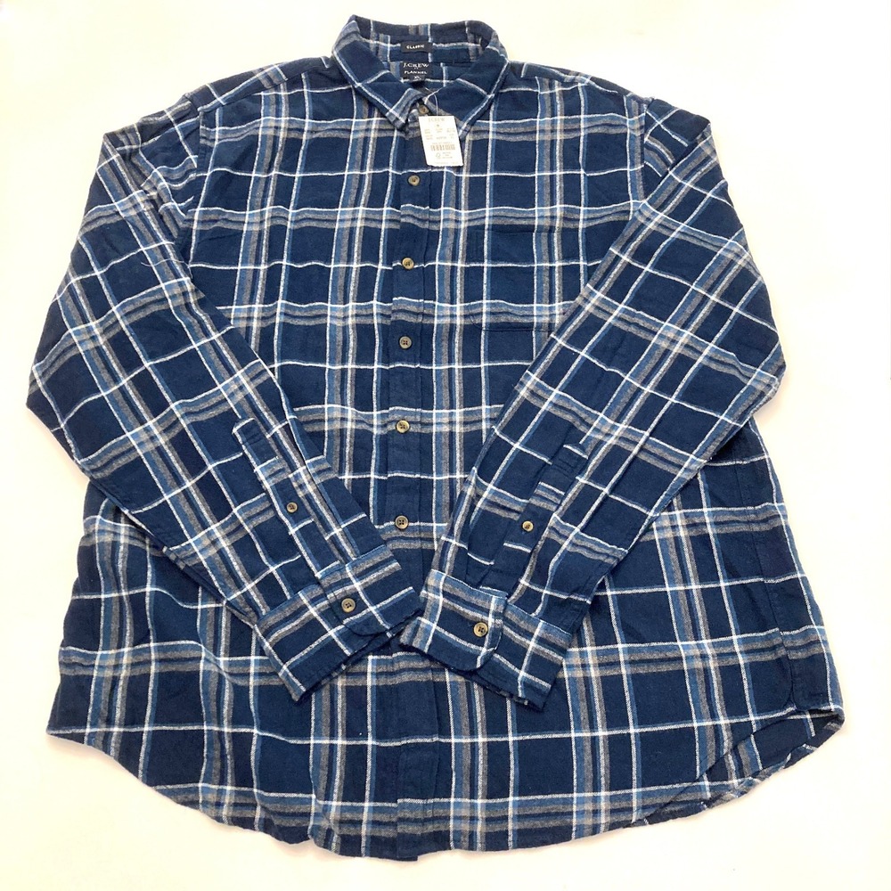 J Crew Flannel Shirt Blue Plaid‎ 100% Cotton Mens XL Classic Cut NEW